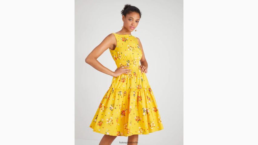 de Kate Spade Frauen Blumenstraußkleid mit gesmokter Taille Safrangelb NB82J2853 Bekleidung
