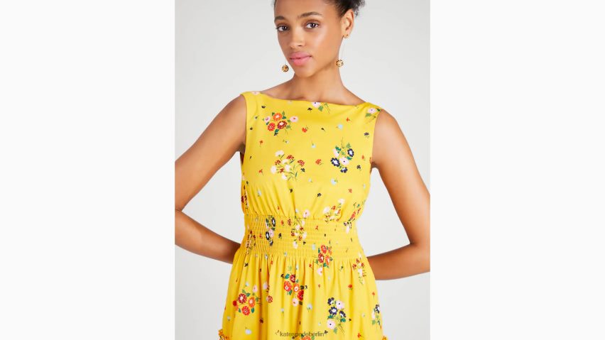 de Kate Spade Frauen Blumenstraußkleid mit gesmokter Taille Safrangelb NB82J2853 Bekleidung
