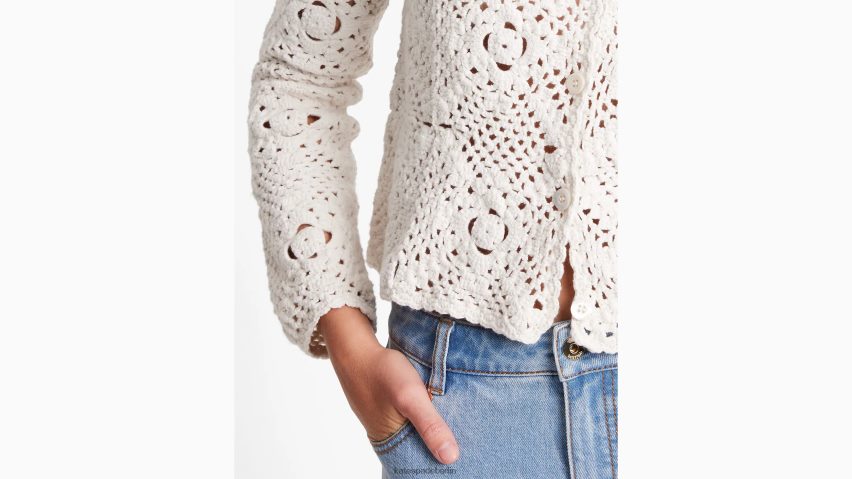 de Kate Spade Frauen Gehäkelte Strickjacke mit Rundhalsausschnitt französische Sahne NB82J2709 Bekleidung