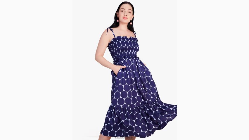 de Kate Spade Frauen Gesmoktes Kleid aus „Joy Dot“-Seidentwill Citrinblau NB82J2961 Bekleidung