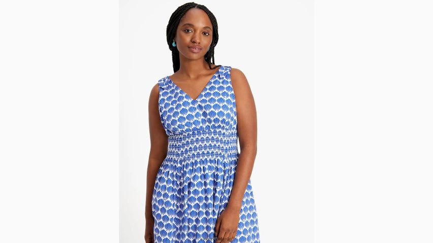 de Kate Spade Frauen Gesmoktes Muschelkleid Blaubeere/Sahne NB82J2687 Bekleidung