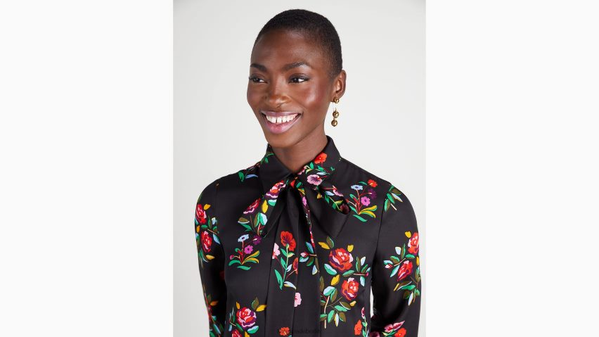 de Kate Spade Frauen Hemdkleid aus einer herbstlichen Seidenmischung mit Blumenmuster Schwarz NB82J2936 Bekleidung