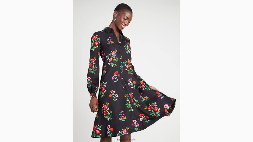 de Kate Spade Frauen Hemdkleid aus einer herbstlichen Seidenmischung mit Blumenmuster Schwarz NB82J2936 Bekleidung