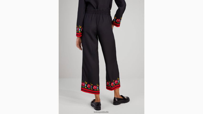 de Kate Spade Frauen Hose aus Seidenmischung mit Rosenborte Schwarz NB82J2923 Bekleidung