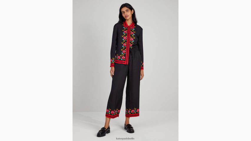 de Kate Spade Frauen Hose aus Seidenmischung mit Rosenborte Schwarz NB82J2923 Bekleidung