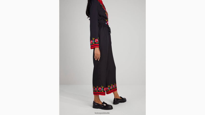 de Kate Spade Frauen Hose aus Seidenmischung mit Rosenborte Schwarz NB82J2923 Bekleidung