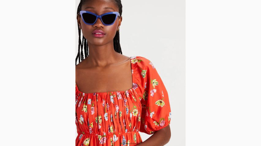 de Kate Spade Frauen Kleid mit Tulpenmuster und eckigem Ausschnitt frische Tomate NB82J2743 Bekleidung