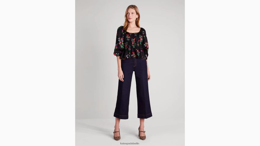 de Kate Spade Frauen Langärmliges Riviera-Oberteil mit Herbstblumenmuster Schwarz NB82J2965 Bekleidung