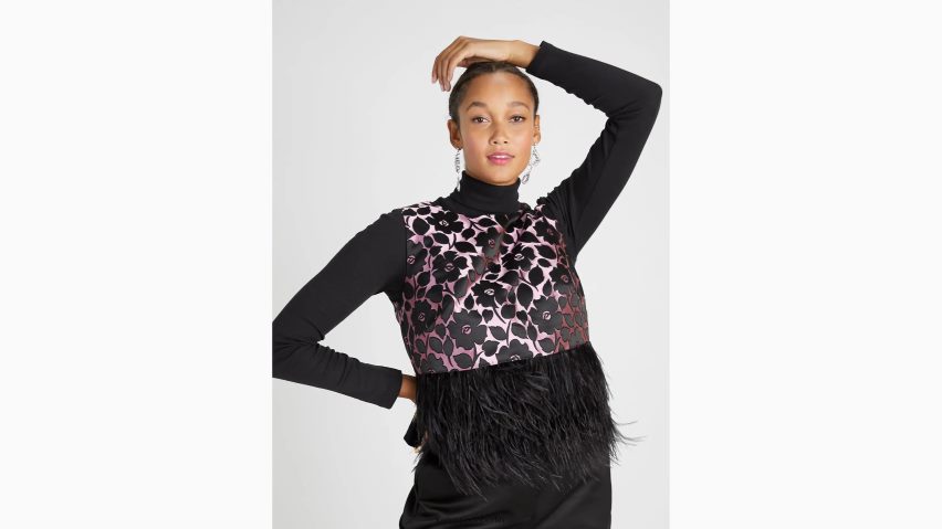 de Kate Spade Frauen Oberteil aus Brokat mit rosigem Gartenfederbesatz rosa Wolke NB82J2879 Bekleidung