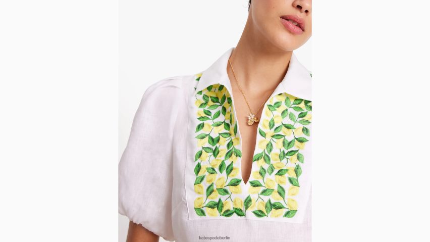 de Kate Spade Frauen Oberteil mit Puffärmeln und bestickten Zitronen frisches Weiß NB82J2716 Bekleidung