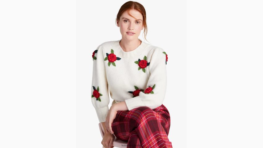 de Kate Spade Frauen Pullover mit gehäkelten Rosen Creme NB82J2951 Bekleidung