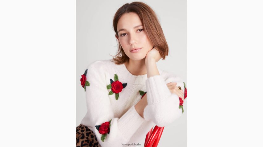 de Kate Spade Frauen Pullover mit gehäkelten Rosen Creme NB82J2951 Bekleidung