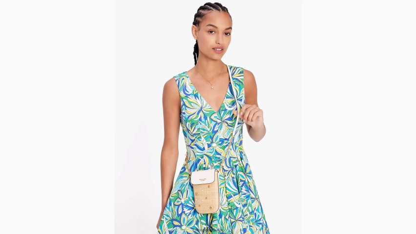 de Kate Spade Frauen Steffie North South Phone Umhängetasche aus Stroh mit Verzierung natürliches Multi NB82J229 Zubehör