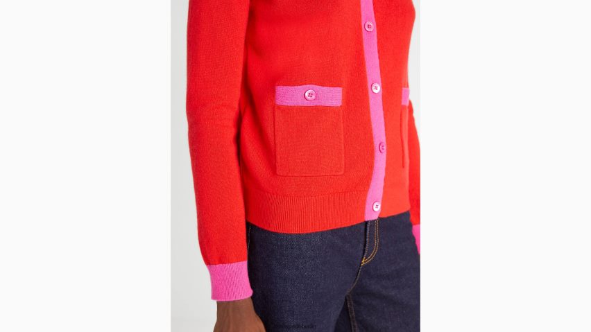 de Kate Spade Frauen Strickjacke aus Kaschmir mit Rundhalsausschnitt Flammenscharlachrot/Pflaumenrosa NB82J2963 Bekleidung