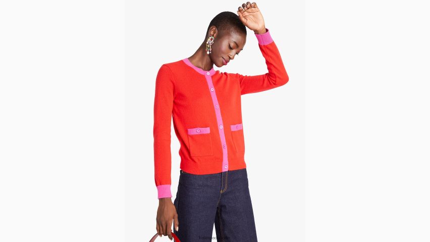 de Kate Spade Frauen Strickjacke aus Kaschmir mit Rundhalsausschnitt Flammenscharlachrot/Pflaumenrosa NB82J2963 Bekleidung