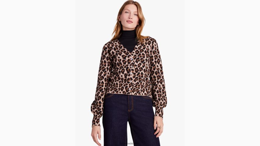 de Kate Spade Frauen Strickjacke mit Leopardenmuster geröstete Cashewnüsse NB82J2942 Bekleidung