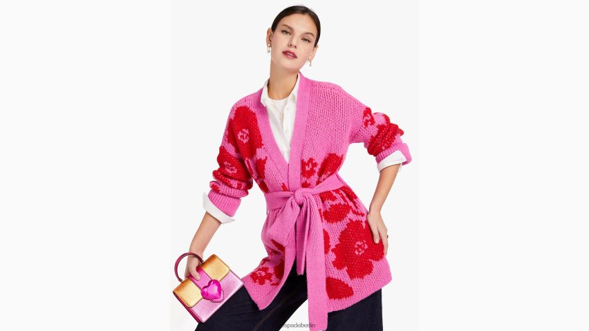 de Kate Spade Frauen Strickjacke mit Rosengarten-Intarsienmuster rosa Wolke NB82J2867 Bekleidung