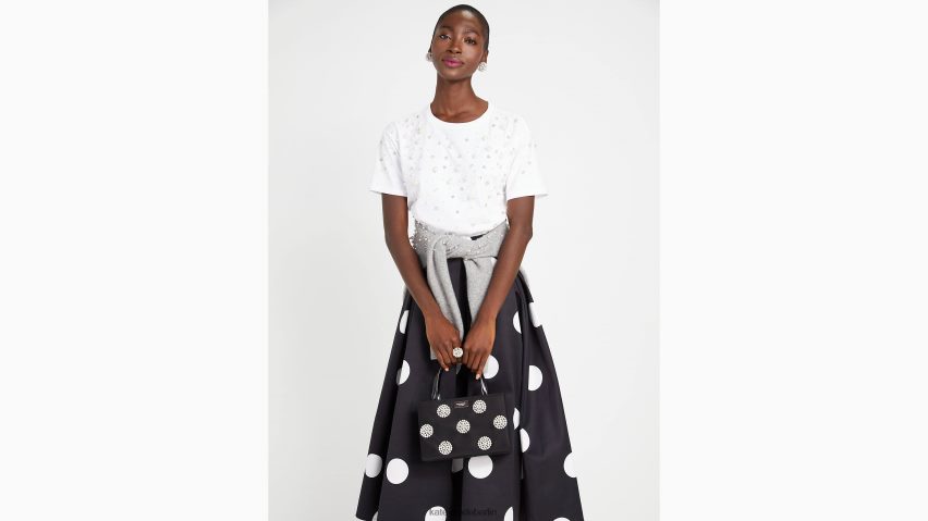 de Kate Spade Frauen T-Shirt mit Perlen-Strassverzierung frisches Weiß NB82J2776 Bekleidung