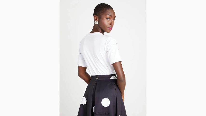 de Kate Spade Frauen T-Shirt mit Perlen-Strassverzierung frisches Weiß NB82J2776 Bekleidung