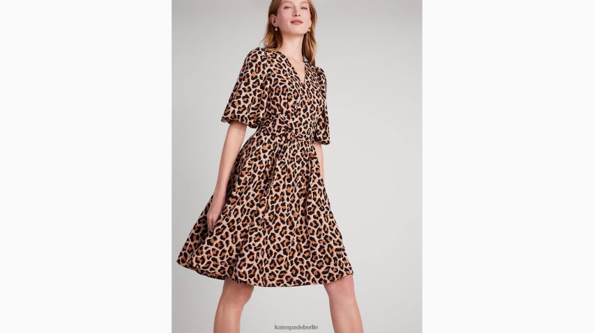 de Kate Spade Frauen wunderschönes Wickelkleid mit Leopardenmuster geröstete Cashewnüsse NB82J2937 Bekleidung