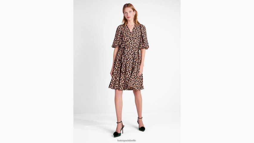 de Kate Spade Frauen wunderschönes Wickelkleid mit Leopardenmuster geröstete Cashewnüsse NB82J2937 Bekleidung
