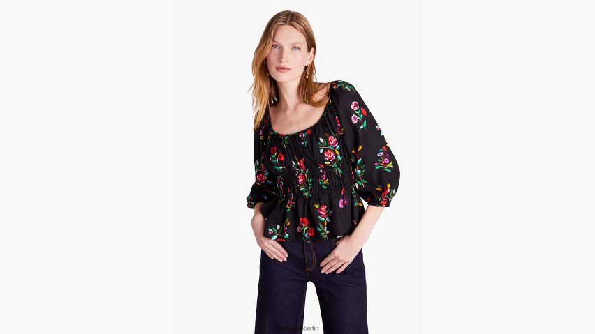de Kate Spade Frauen Langärmliges Riviera-Oberteil mit Herbstblumenmuster Schwarz NB82J2965 Bekleidung