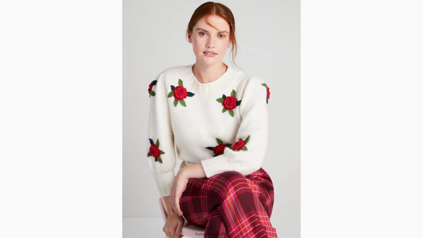 de Kate Spade Frauen Pullover mit gehäkelten Rosen Creme NB82J2951 Bekleidung
