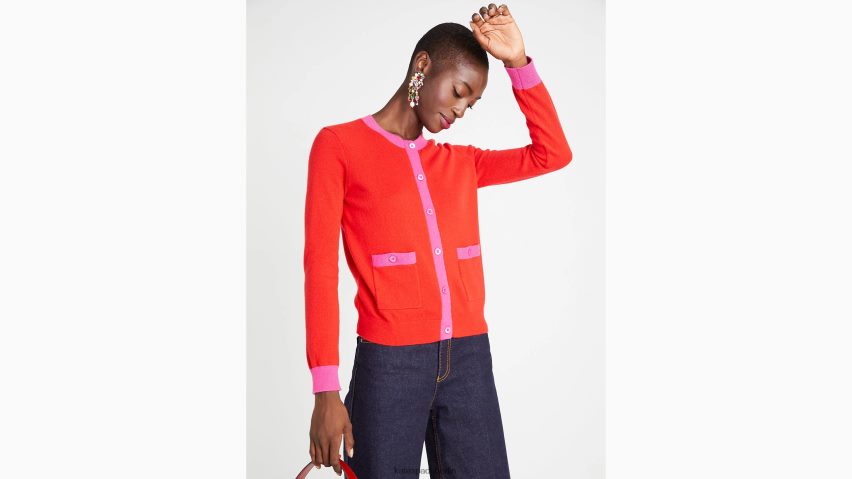 de Kate Spade Frauen Strickjacke aus Kaschmir mit Rundhalsausschnitt Flammenscharlachrot/Pflaumenrosa NB82J2963 Bekleidung