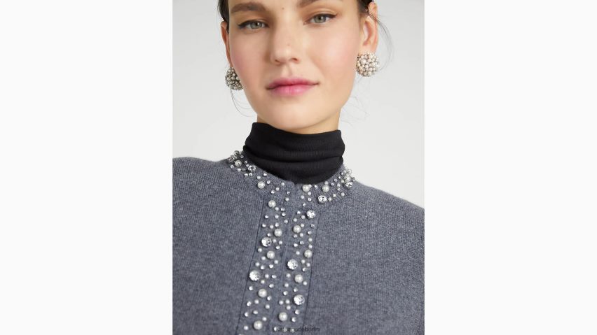 de Kate Spade Frauen Strickjacke mit Perlen- und Strassverzierung graue Melange NB82J2944 Bekleidung