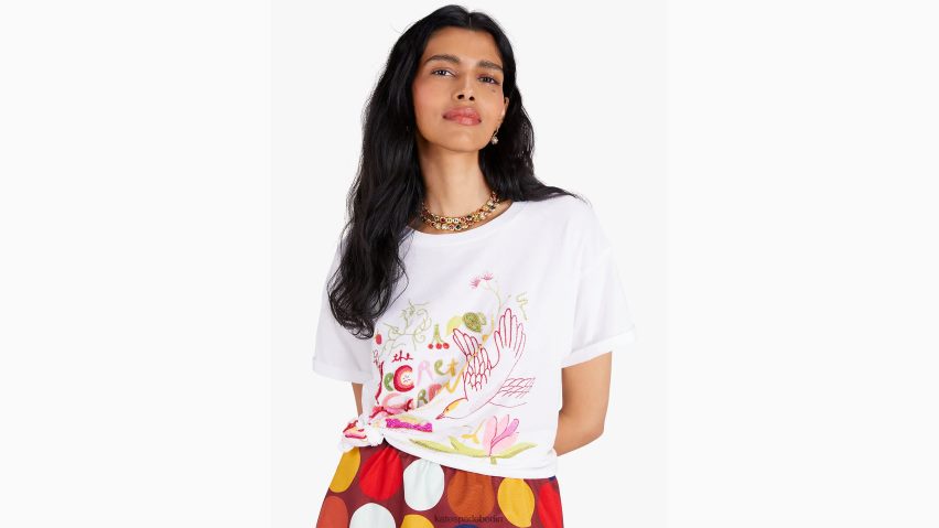 de Kate Spade Frauen Verziertes Secret Garden T-Shirt frisches Weiß NB82J2938 Bekleidung
